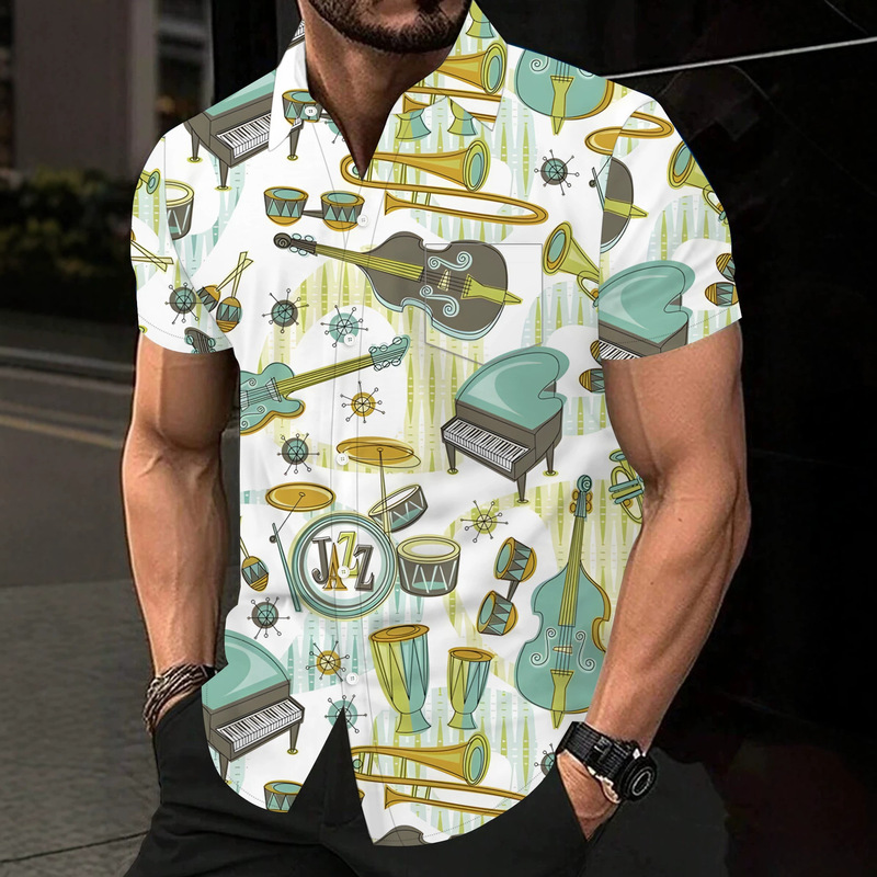 Summer New Men's Short-Sleeved Shirt, Jazz Instrument Print Casual Shirt, Loose Large Size Cardigan Top Summer New Men's Short-Sleeved Shirt, Jazz Instrument Print Casual Shirt, Loose Large Size Cardigan Top