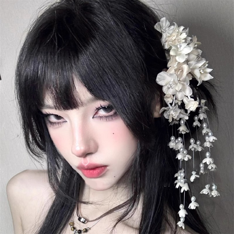 フランスのスズランの花のタッセルヘアピンスーパーフェアリーニッチデザインサイドクリップ女性の甘い花嫁のウェディングドレスの頭飾り|undefined