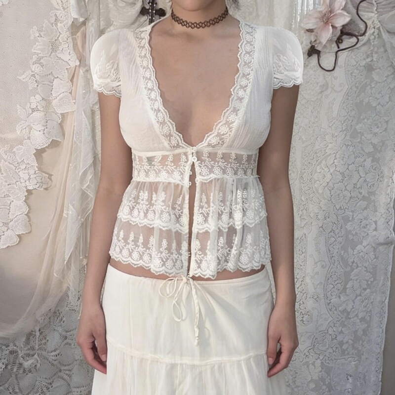 French-Style Sweet Romantic Lace-Up Buttoned Sheer Mesh Short-Sleeve T-Shirt with Waist-Cinching Slimming V-Neck Cardigan Sexy Top