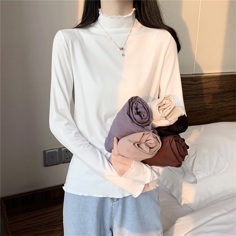 2026 New Style Half-High Collar Ruffled Inner Layer Slim-Fit Base Shirt for Women, Autumn Long-Sleeve T-Shirt, Thin Korean Ins Style for Spring and Autumn