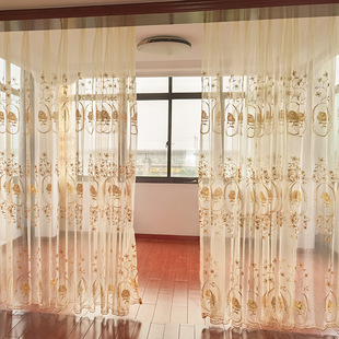 Finished embroidered golden gauze curtain living room balcony transparent decorative partition curtain high-grade window screen bedroom bay window curtain