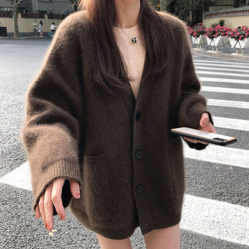 Raccoon Velvet Brown Sweater Jacket Spring & Fall Retro Japanese Style Loose Lazy Style Mid-Length Knitted Cardigan Top
