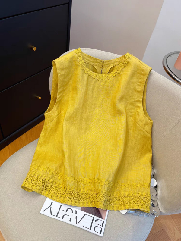 黄色のレース刺繍リネンノースリーブベスト女性のための 2025 夏ルーズラウンドネック気質コットンとリネンの女性のトップ|undefined