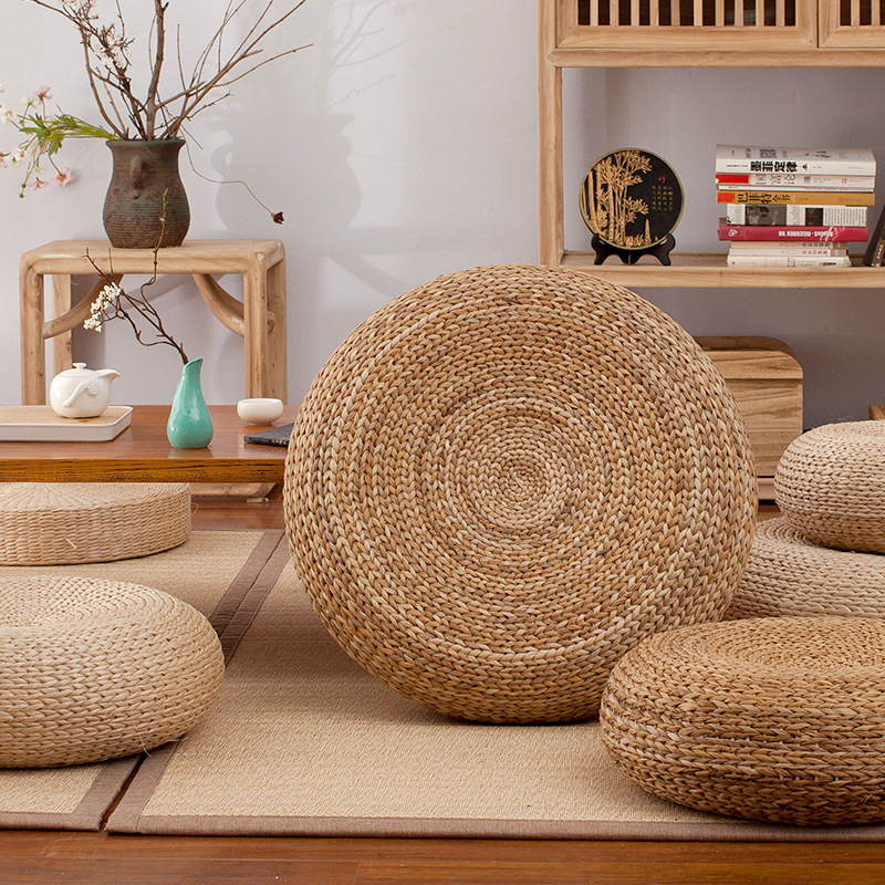 Fúten tejido de paja cojín tatami estilo japonés grueso sobre el suelo tejido de caña casa cojín de meditación redondo cojín de meditación