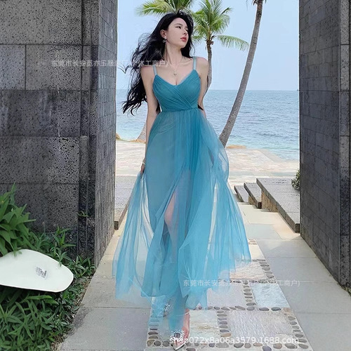 suspender dress, summer new style, Korean seaside vacation style, fairy suspender long dress