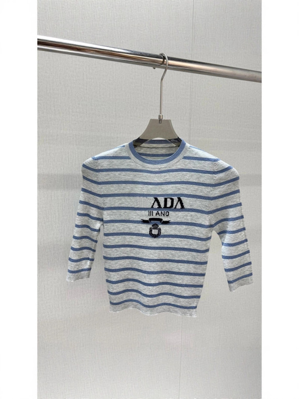 南油高端精品女装半中袖针织条纹短袖上衣字母刺绣修身百搭优雅风|undefined