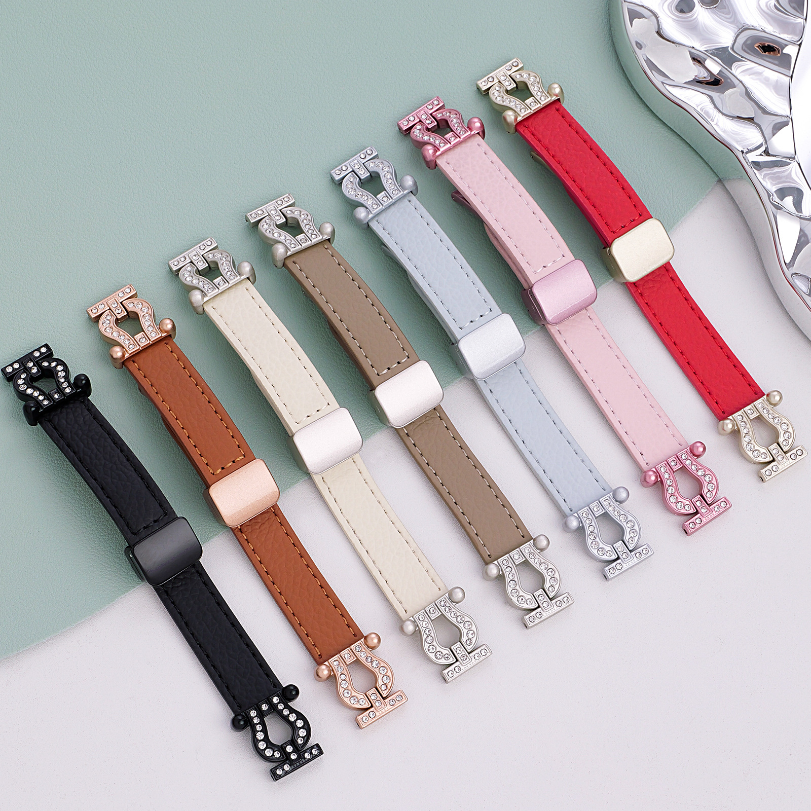Litchi Pattern Horseshoe Diamond Suitable for Apple Watch S10 Strap Leather Applewatchs98 Women's Watch Strap