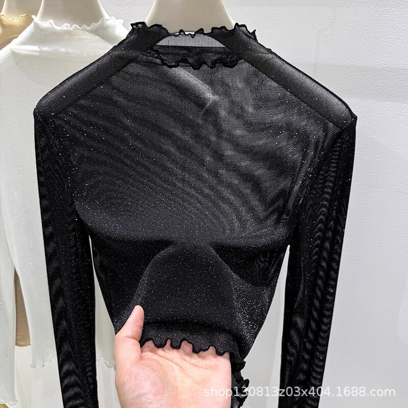 Autumn and Winter Half Turtleneck High-End Mesh Bottoming Shirt for Women Slightly See-Through Sexy Tulle See-Through Inner Lace Top