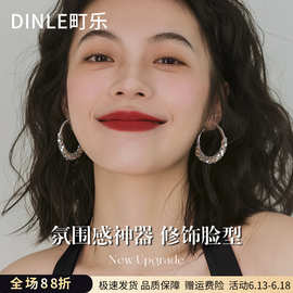 S925纯银针闪钻素圈耳环爆款高级感银色大圈耳圈方圆脸夸张耳饰