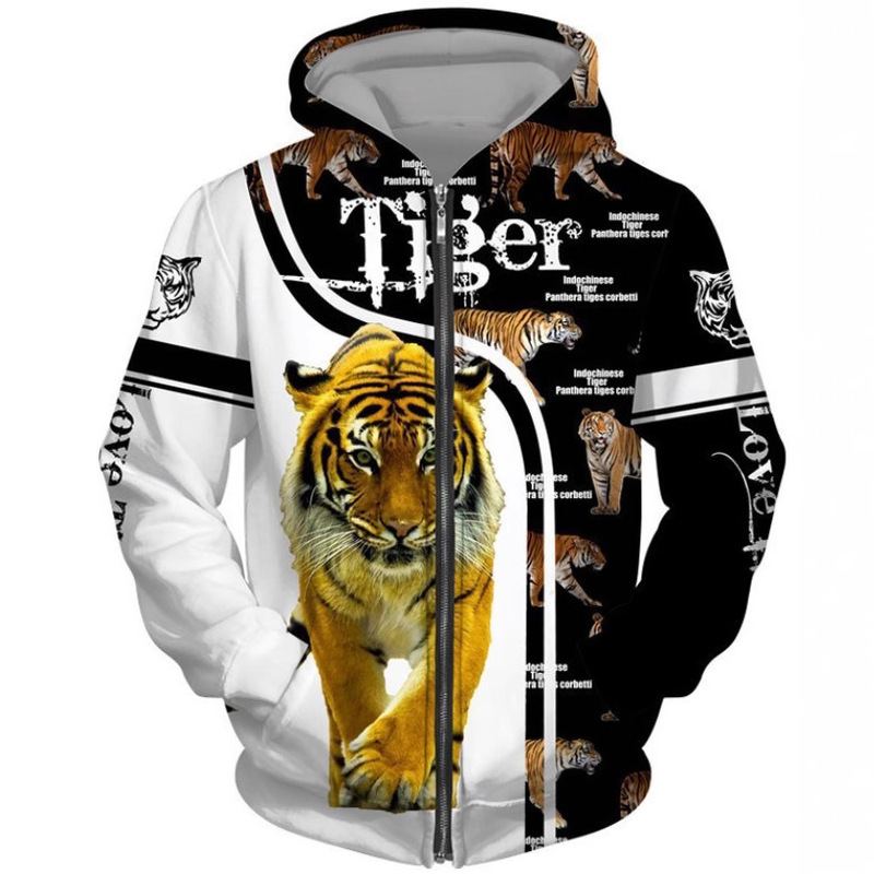 Spring 3D Tiger Print Zipper Hoodie Fashion Men Women Casual Pullover Couple Sports Hooded Sweatshirt
