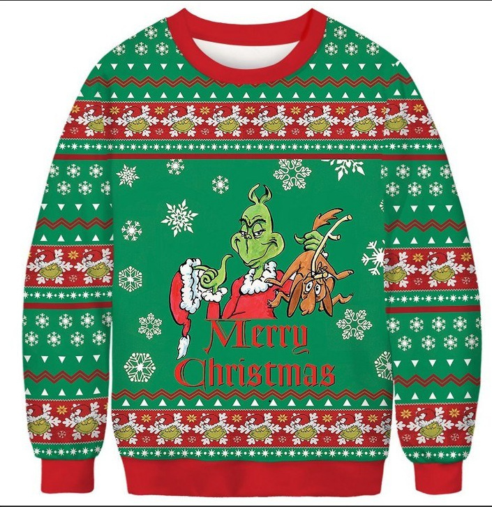 Transfronterizo europeo y americano 2024 Navidad HAPPY3D impresión digital pareja de hombres y mujeres suéter de cuello redondo para niños cabello de una pieza