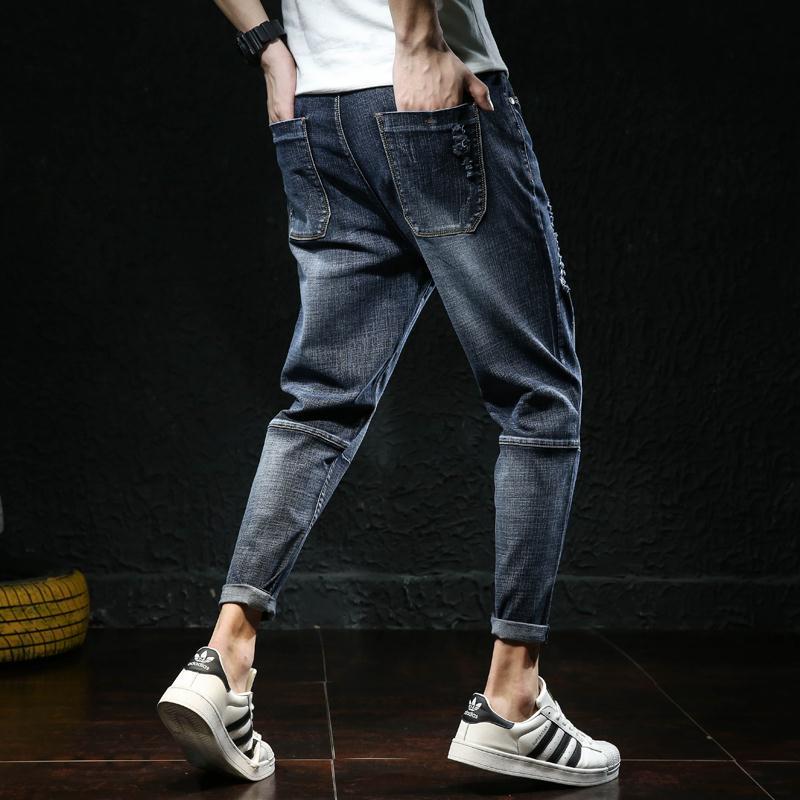 High-Quality Cotton Summer Harem Ripped Jeans for Men, Trendy Cropped Denim Pants, Stretchy Plus-Size Loose Fit with Tapered Legs High-Quality Cotton Summer Harem Ripped Jeans for Men, Trendy Cropped Denim Pants, Stretchy Plus-Size Loose Fit with Tapered Legs