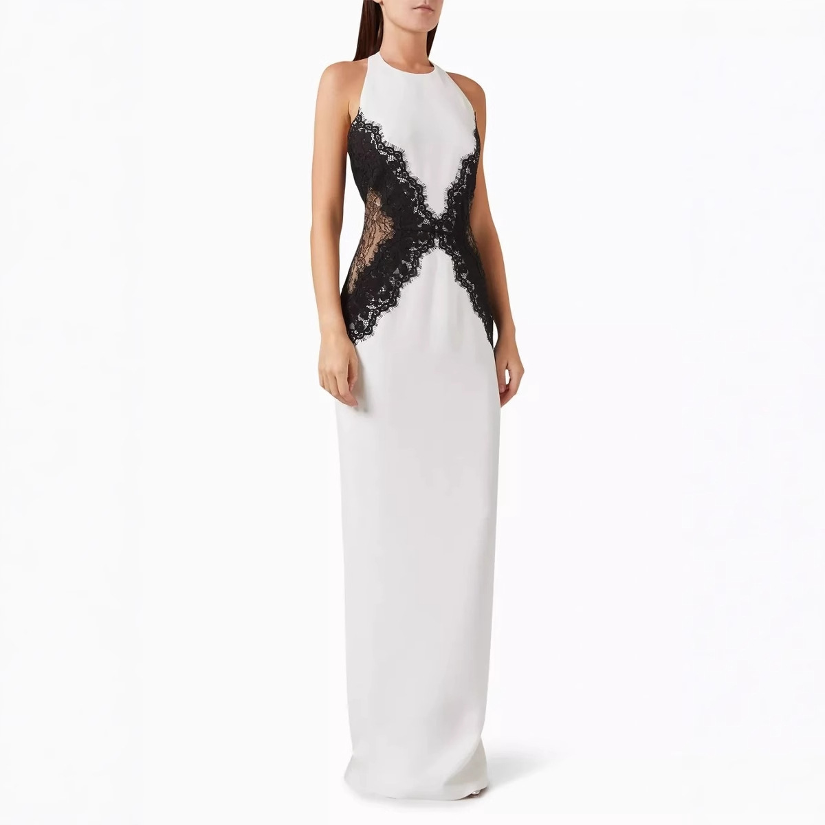 Women's Sexy Lace Panel Hollow Out Halter Backless High Slit Bodycon Maxi Dress – Elegant Summer Gown 2026_ecoleips.com