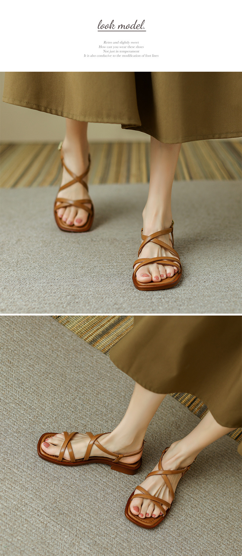 Sandal La Mã quai ngang đế bệt dây nhỏ hở ngón — Màu nâu chi tiết 4