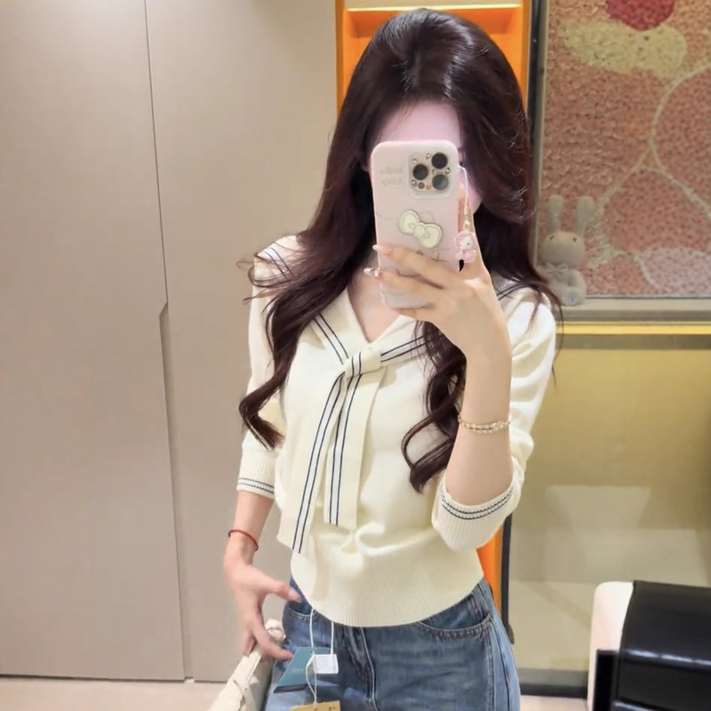 Kaning Navy Collar Shawl Long-Sleeved Knitwear for Women 2026 Autumn New Style High-End Slimming Knitwear Top