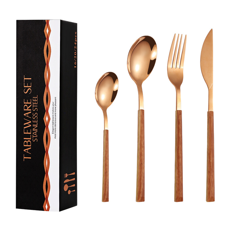 Amazon imitación de acero inoxidable mango de madera vajilla cuchillo de carne nórdica tenedor cuchara de postre creativo chapado en oro mango de clip cuchara de grano de madera