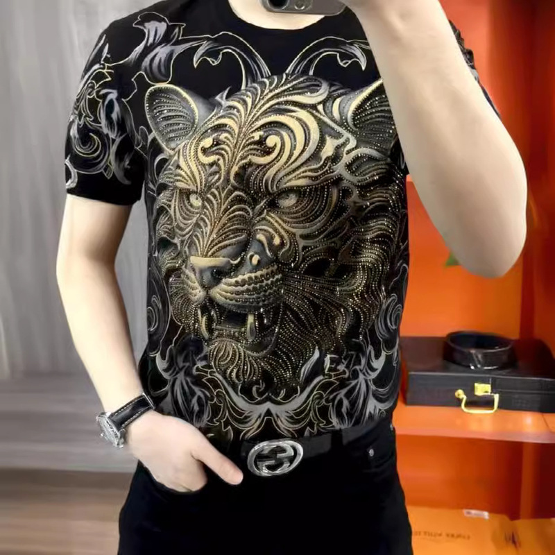 24 New High Luxury European Goods Light Luxury All-match Fashion Men's Round Neck Spring Half Sleeve Design Hot Drilling Printing Slim T-shirt