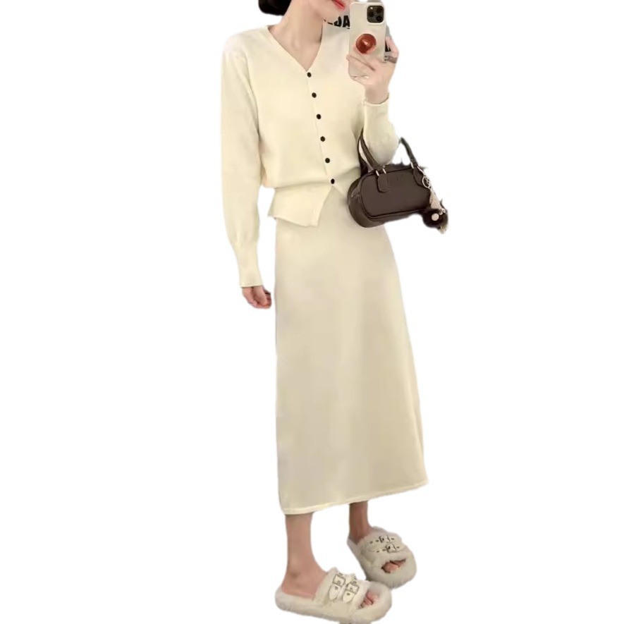 Temperamento piccolo profumo stile due pezzi donna primavera e autunno scollo a V cardigan lavorato a maglia linea A metà corpo lungo_voghion.com