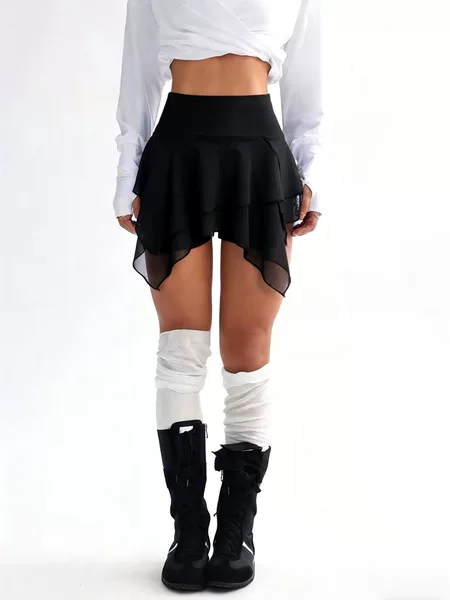 Women's Sexy Mesh Fabric Black High-Waisted Skirt Summer Irregular Hem Mesh Skirt Elastic Waistband Simple