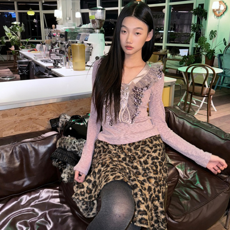 Knitted Women's Top with a Unique Design, V-Neck, Lace-Up, Multi-Layered Ruffles, Slim-Fit, Flattering, Trendy T-Shirt Base Shirt