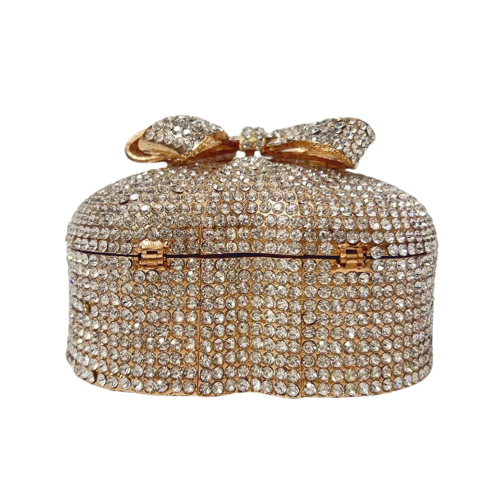 Túi clutch dạ tiệc hình trái tim nạm kim cương hộp quà cầm tay nữ — Nền vàng kim cương trắng, Đế vàng kim cương, Màu sâm panh, Màu bạc
