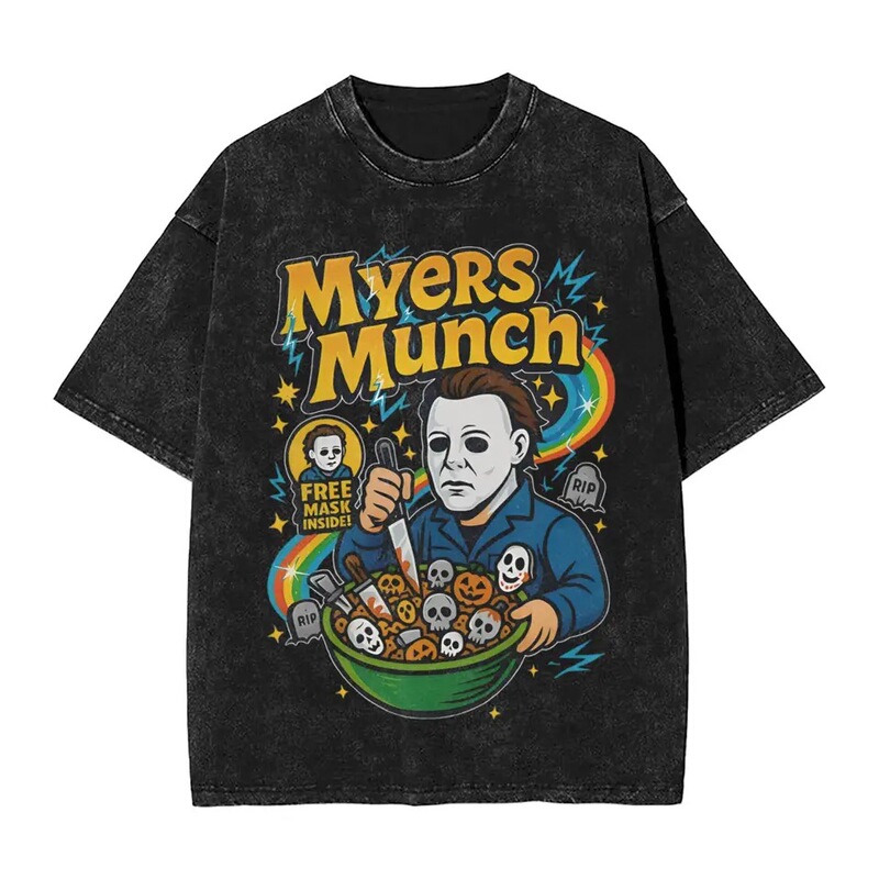 Washed T-Shirt Cereal Killer Halloween Casual T-Shirt Harajuku Michael Myers Horror Streetwear Cotton