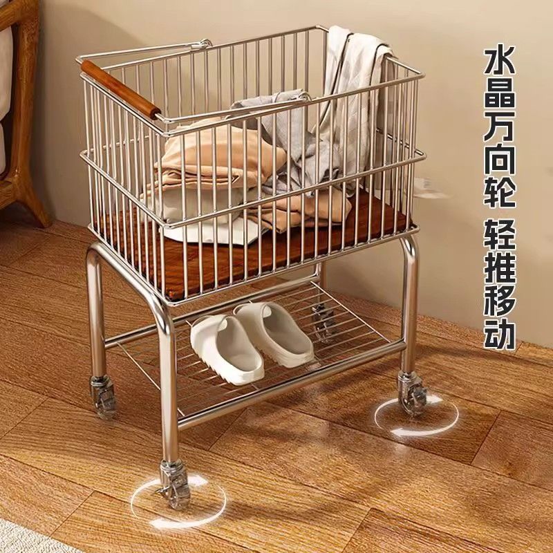 中古风脏衣篮浴室双层衣服收纳篮卫生间移动洗衣脏衣篓推车置物架|undefined