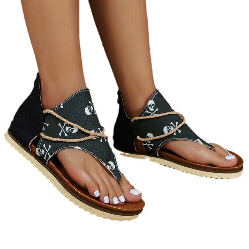 Large size sandals women's spring and summer new style clip toe print flat beach sandals Roman shoes