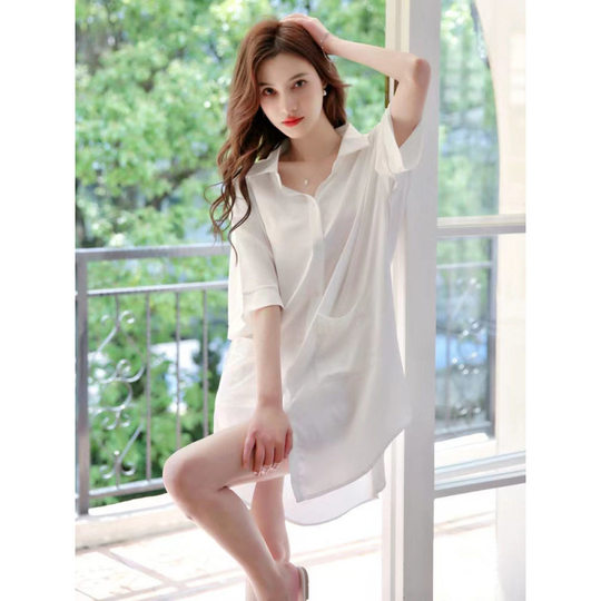 2025 Spring and Summer New Ice Silk Nightgown for Women Loose Thin Boyfriend Style Short-Sleeved Simple Pure Color Shirt Pajamas