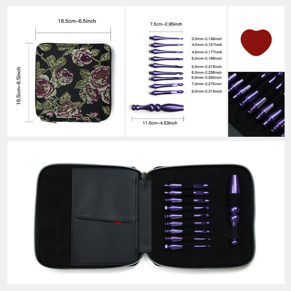 Herramientas de tejido transfronterizas de alúmina púrpura pulido a mano ganchillo ergonomía ganchillo 9 conjuntos