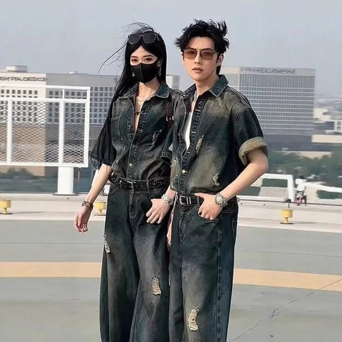 Men's High-End Outfit Set American-Style Ripped Denim Short-Sleeve Shirt with Scimitar Wide-Leg Pants Couple Old Money Trend