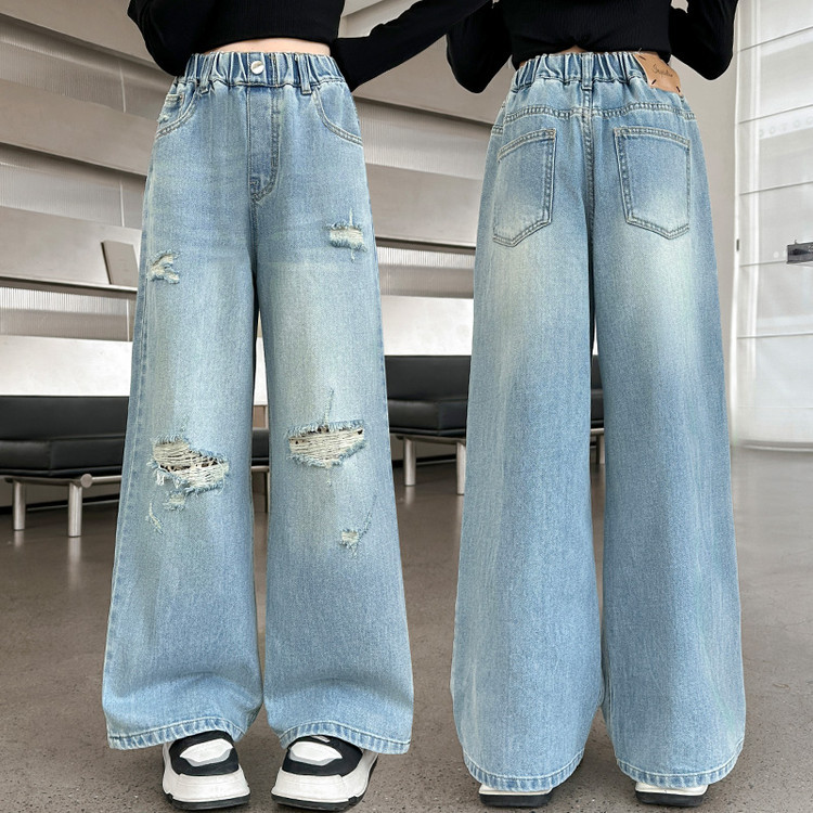 Mädchen 25 Frühling Ripped Label Denim Wide Leg Pants 2515 Neue Kinder Verschiedene europäische und amerikanische Jeans_voghion.com