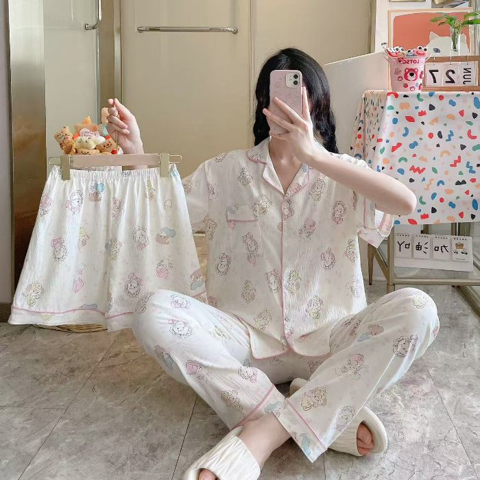 Venta al por mayor transfronteriza 120g pijamas de algodón de nube de verano de manga corta para mujer pantalones cortos de algodón de nube de verano de tres piezas servicio a domicilio de dibujos animados