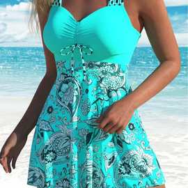 连体泳衣女亚马逊跨境爆款印花裙式海边沙滩高级感bikini泳装速干