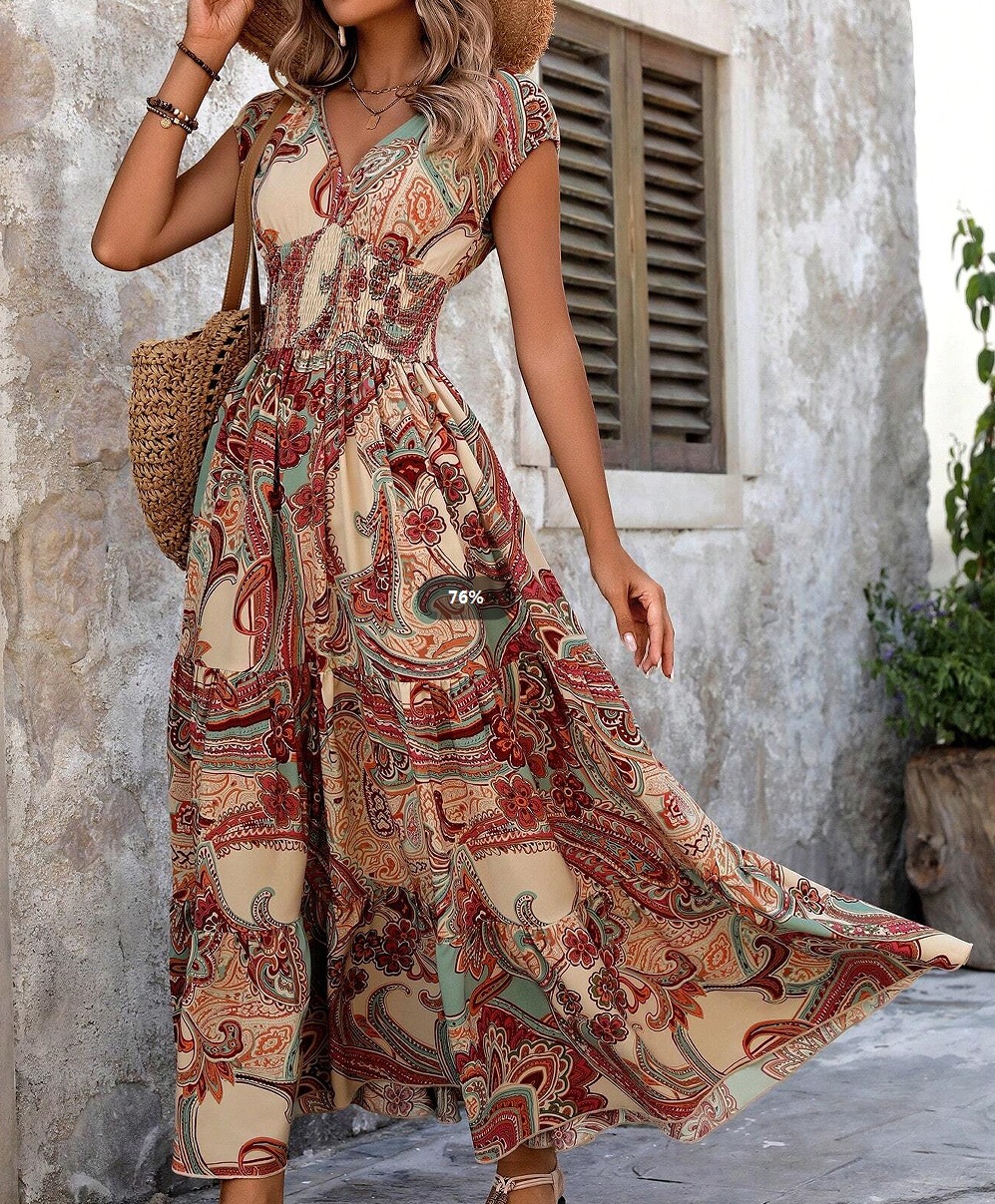 Cross-Border Vacation Style Printed Strapless For Women Summer V-Neck Short Sleeve Bohemian Fashion Long Dress_ecoleips.com