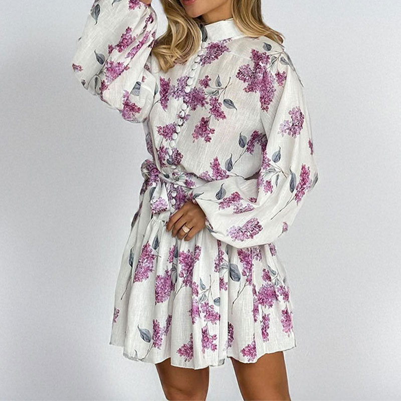 Transfronterizo 2025 primavera Amazon nueva ropa de mujer europea y americana temperamento elegante vestido de cintura con botones estampados image 7