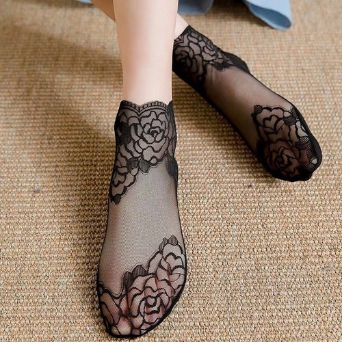Summer Rose Lace-Trim Invisible Ship Socks for Women, Non-Slip, Cotton Sole, Low-Cut, Cotton Sole Socks