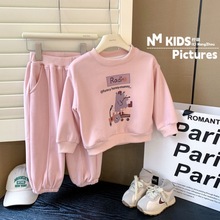 儿童秋冬加绒加厚套装2023新款韩版男女童卡通小熊卫衣卫裤两件套