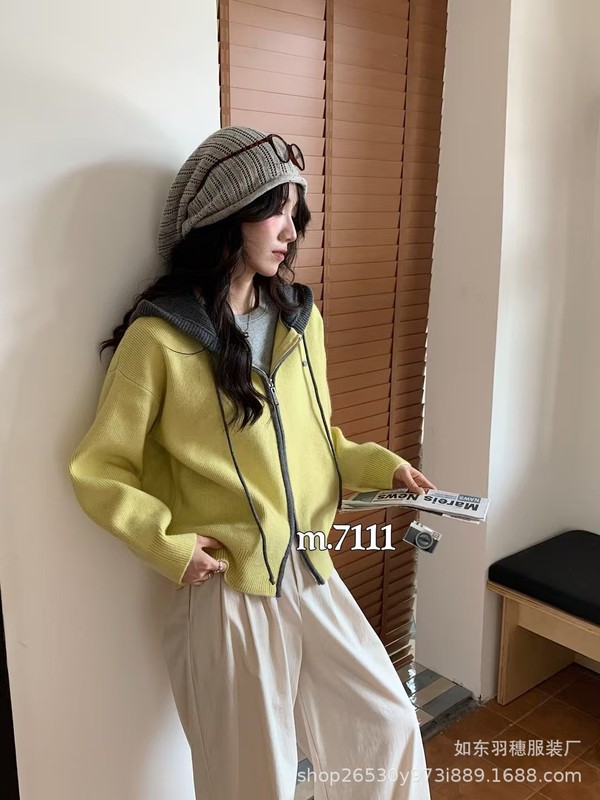 韩版假两件连帽毛衣开衫女2025秋冬款慵懒风软糯宽松针织外套L42|undefined