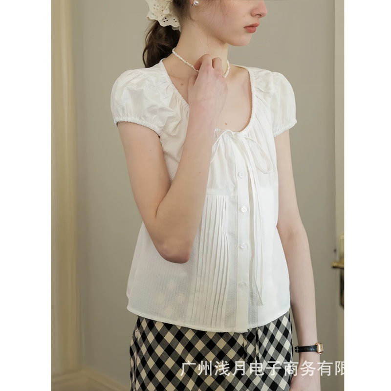 Spring Y White U-Neck Tie-Up Puff Sleeve White Short-Sleeve Shirt for Women, New Summer Style, Casual, Lightweight, Romantic, and Elegant Blouse