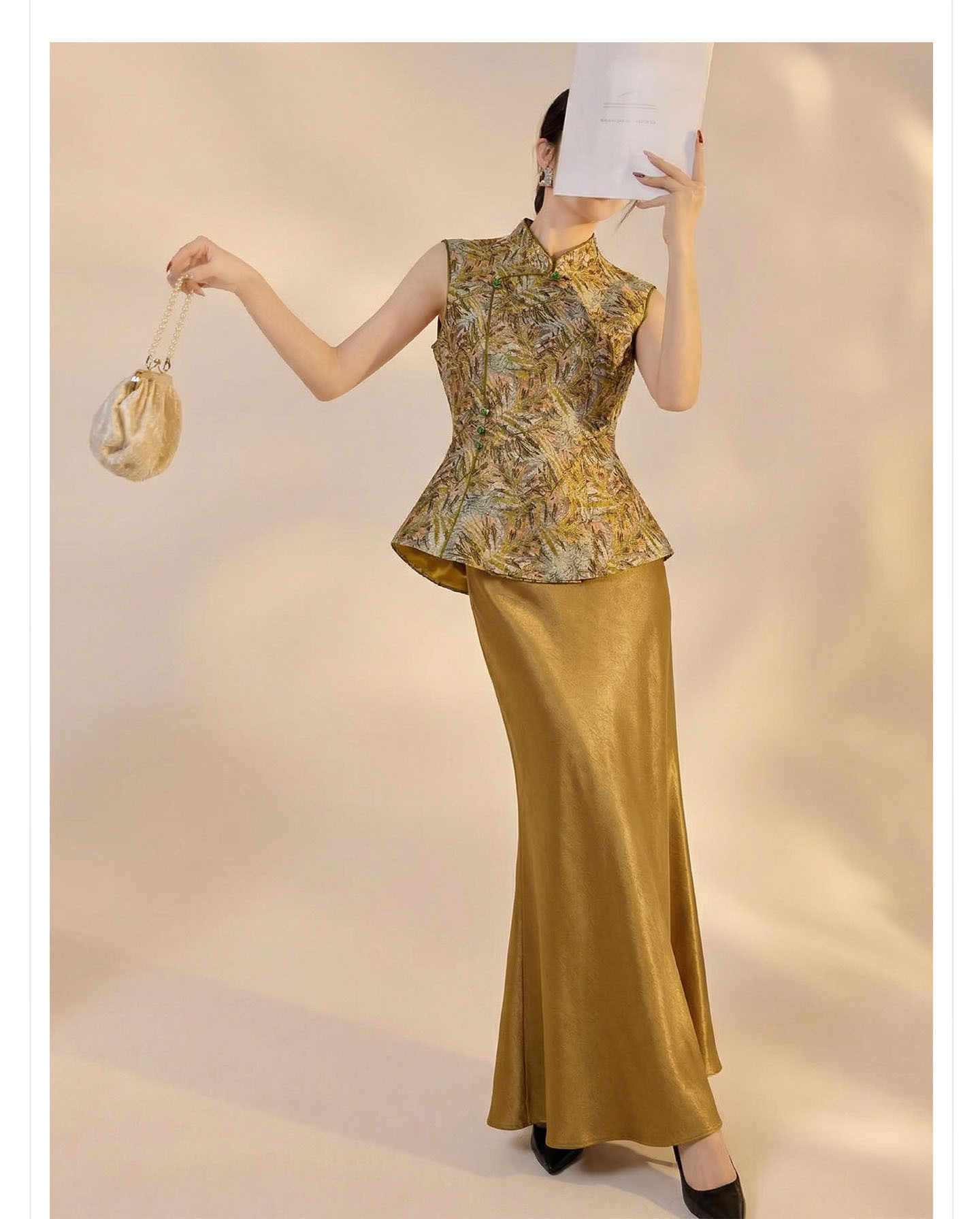 Set áo gi-lê không tay cổ đứng + chân váy midi jacquard phong cách Trung Quốc mùa hè — Màu xanh lá cây nửa váy, vàng nửa váy, Áo khoác xanh chi tiết 9