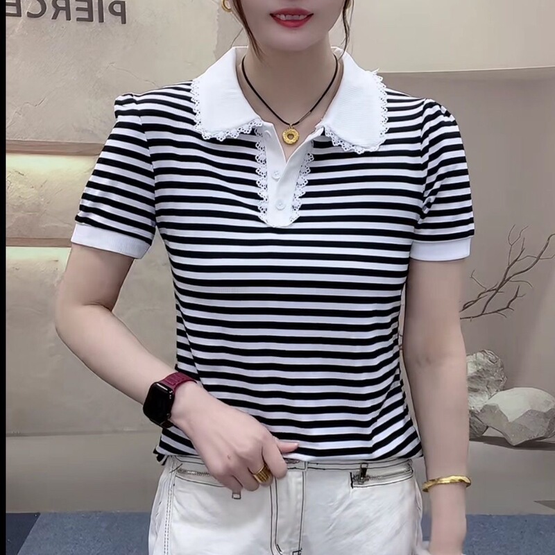 Striped Short-Sleeve 2025 Summer New Polo T-Shirt Lace Splicing Stylish Fashion Top Slim Versatile Short Style
