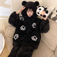 三层夹棉睡衣女加绒加厚秋冬季可爱连帽保暖冬天可外穿家居服套装