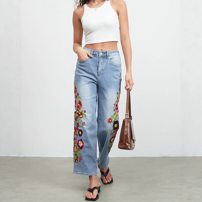 Ezapine Women's Straight-Leg Jeans, Fashionable High-Waisted Floral Print Bohemian Casual Imitation Jeans