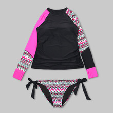 新款女士冲浪服拼色长袖分体三角泳装防晒海边大码泳衣套装批发