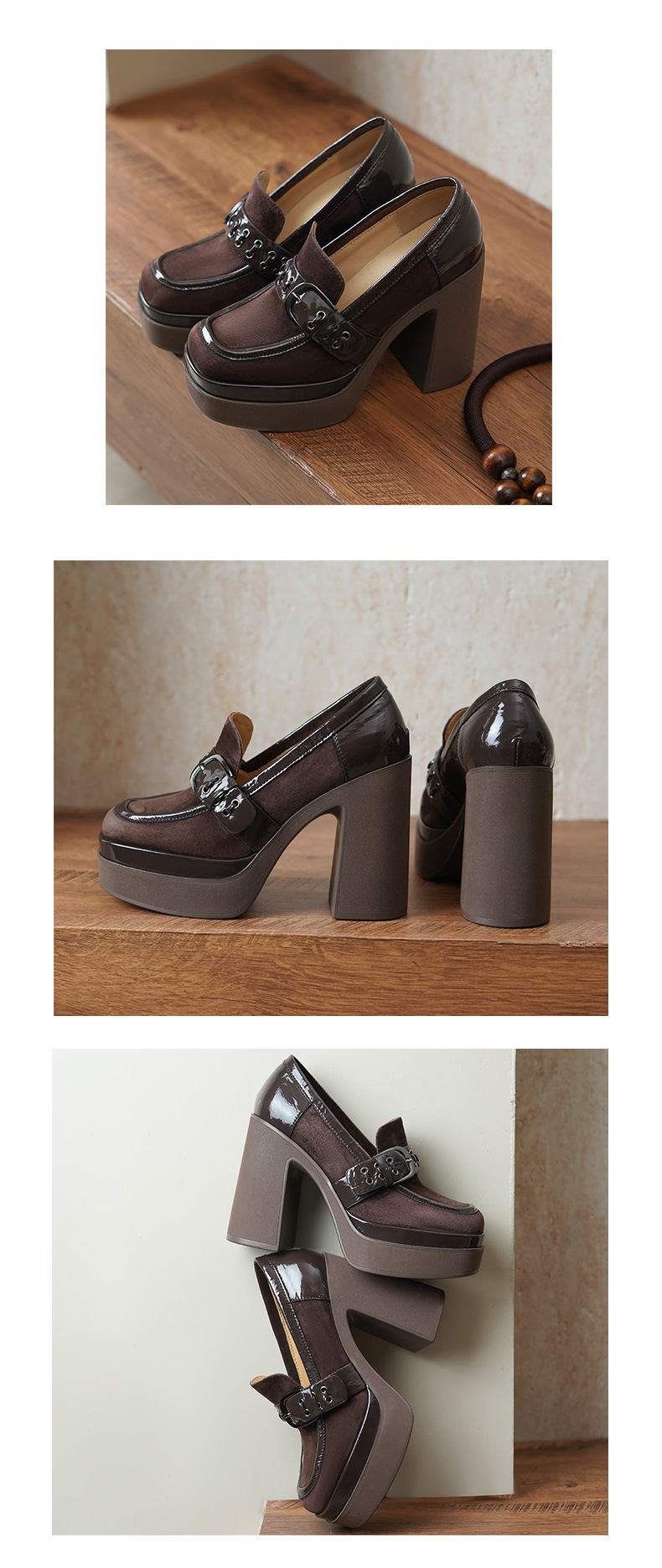 Giày loafer nữ gót vuông cao 12 cm, đế dày, khóa kim loại, phối màu — màu nâu, màu đen chi tiết 8