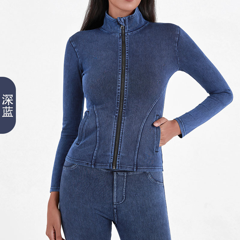 Cross-border nuevo punto Denim cremallera chaqueta de yoga mujeres adelgazamiento apretado de cuello alto doble bolsillo fitness ropa de abrigo superior