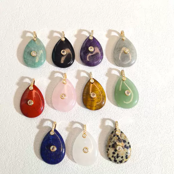 Natural Stone Water Drop Pendant Wholesale with Copper Plated 18K Gold Zircon and Copper Zircon Clasp