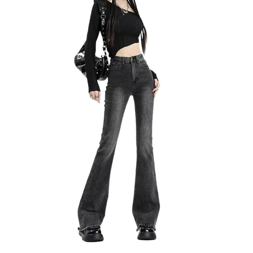 Women's High-Waisted Slimming Black and Grey Frayed Micro-Bellbottom Jeans for Spring and Summer Online Supermarket in Guangzhou