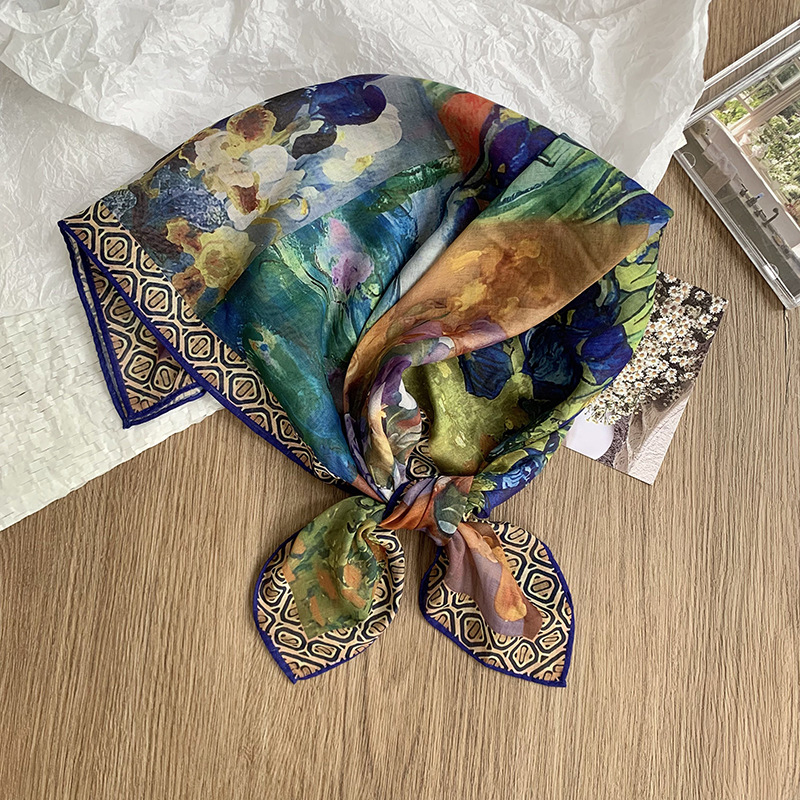 Bufanda de seda, bufanda cuadrada pequeña, pintura al óleo de Van Gogh, bufanda pequeña de seda de imitación de impresión exquisita, bufanda en la cabeza de moda, mantón exterior